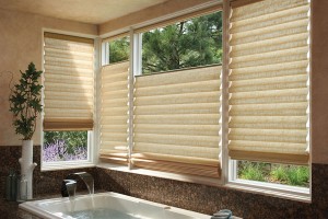 Top down bottom up Roman shades, at 4 windows, each adjusted to different heights